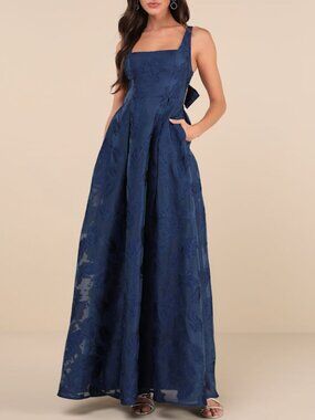 Lulus Perfected Aura Navy Jacquard Tie-back Maxi Dress With Pockets Blue